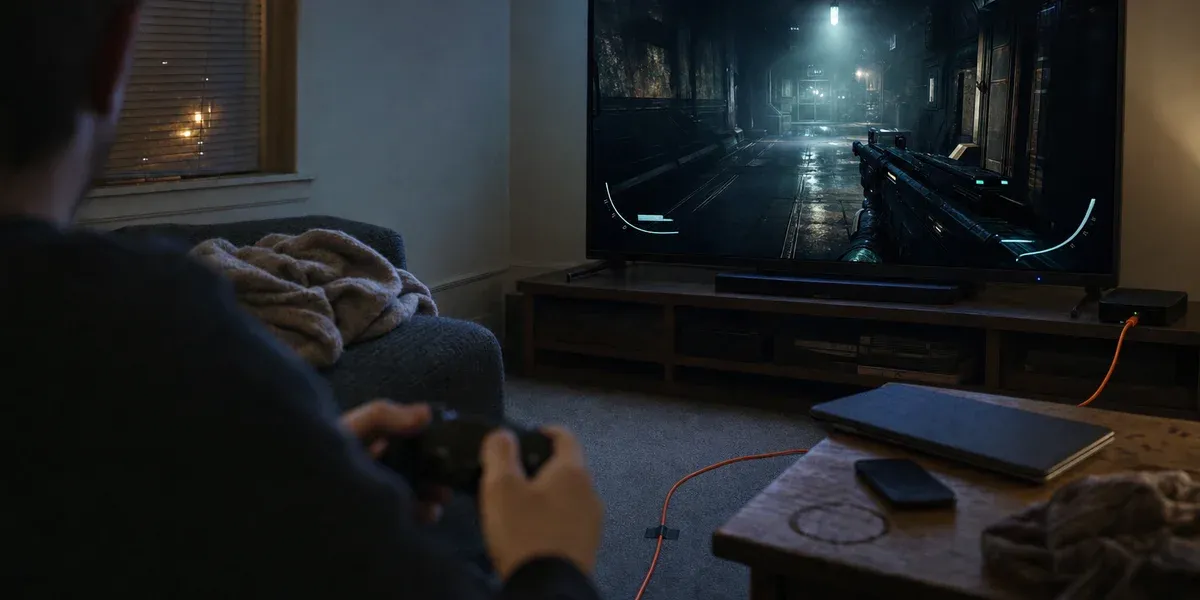 Cloud gaming distribution — sci-fi shooter streamed to a living-room TV over a wired connection