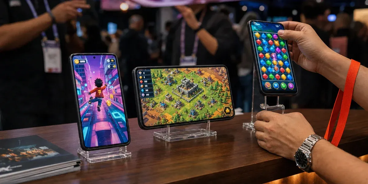 Trade show device showcase with three mobile games on partner phones — OEM channel for indie studios