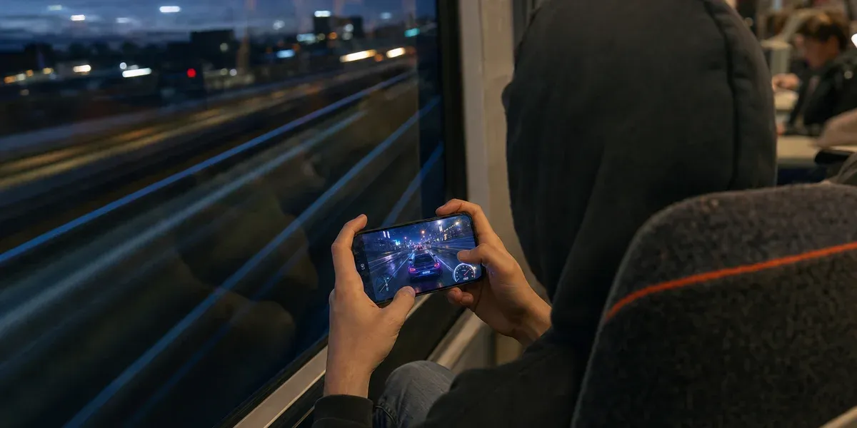 Mobile game distribution beyond paid UA — commuter playing a racing game on a train at dusk