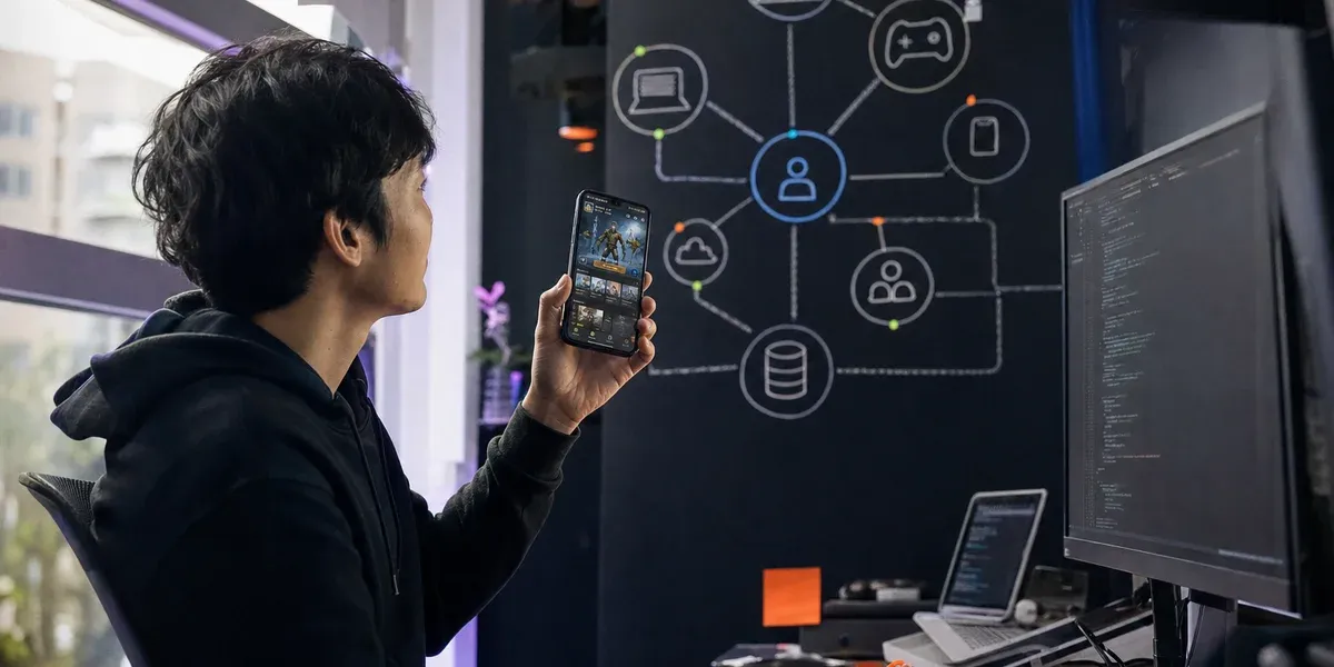 OEM partnership trade show — indie games showcase on multiple devices