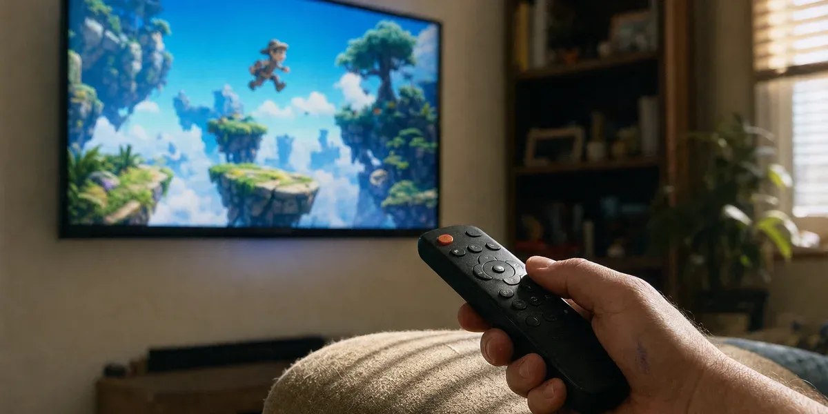 PHYND cloud gaming — plateforme d'aventure diffusée sur Smart TV dans un salon ensoleillé
