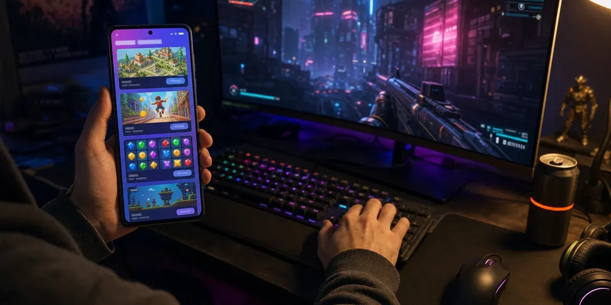 Gamer browsing alternative mobile app store at night while a console game runs on the back monitor