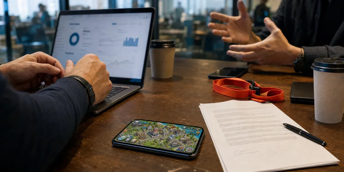 OEM preload deal negotiation — partnership term sheet and a mobile game on the meeting table