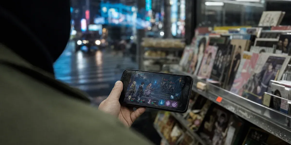 Japan MSCA app distribution — playing an anime RPG on a phone in a Tokyo konbini at night