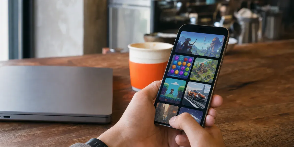 Games-only app store on a phone — browsing a curated mobile game catalogue in a café