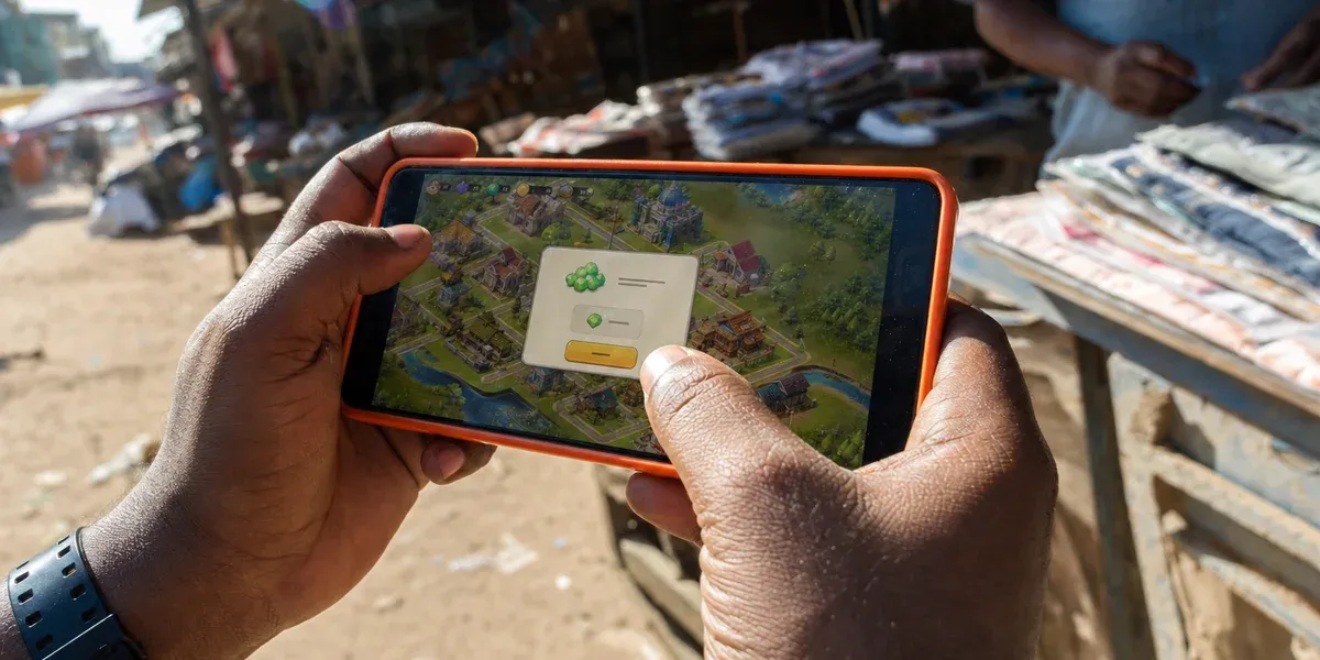 Direct carrier billing payment — confirming an in-game purchase on a phone at a street market
