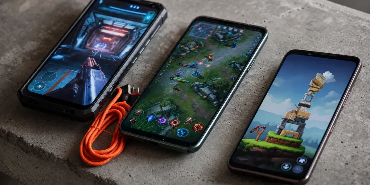 OEM app stores compared — three Android phones running different mobile games side by side