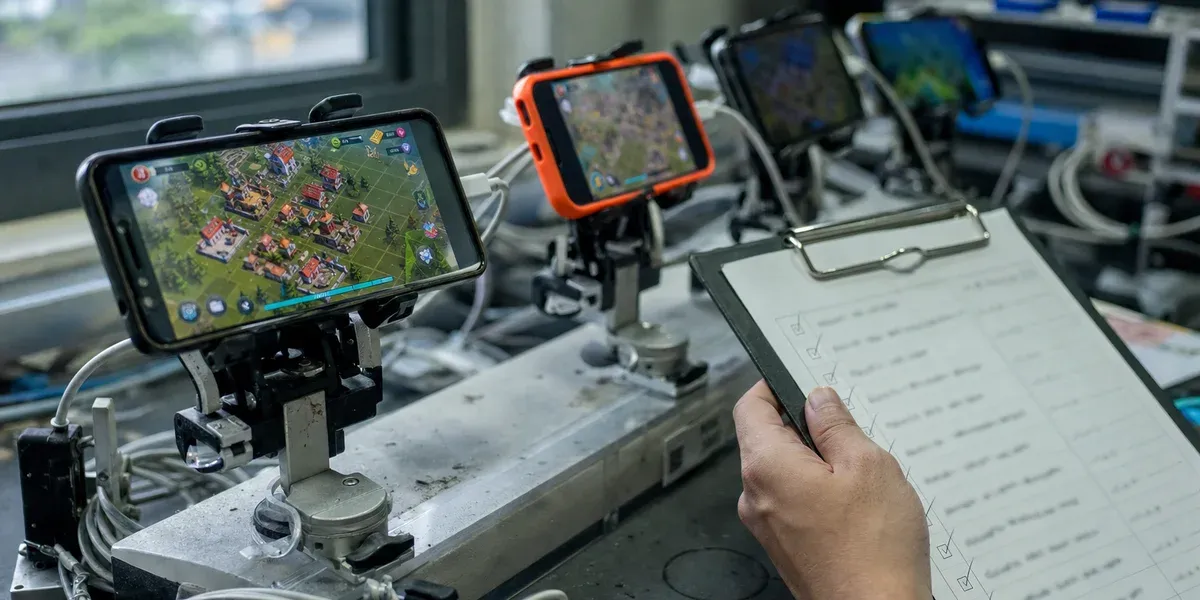 Android developer verification checklist — QA test rig with multiple phones