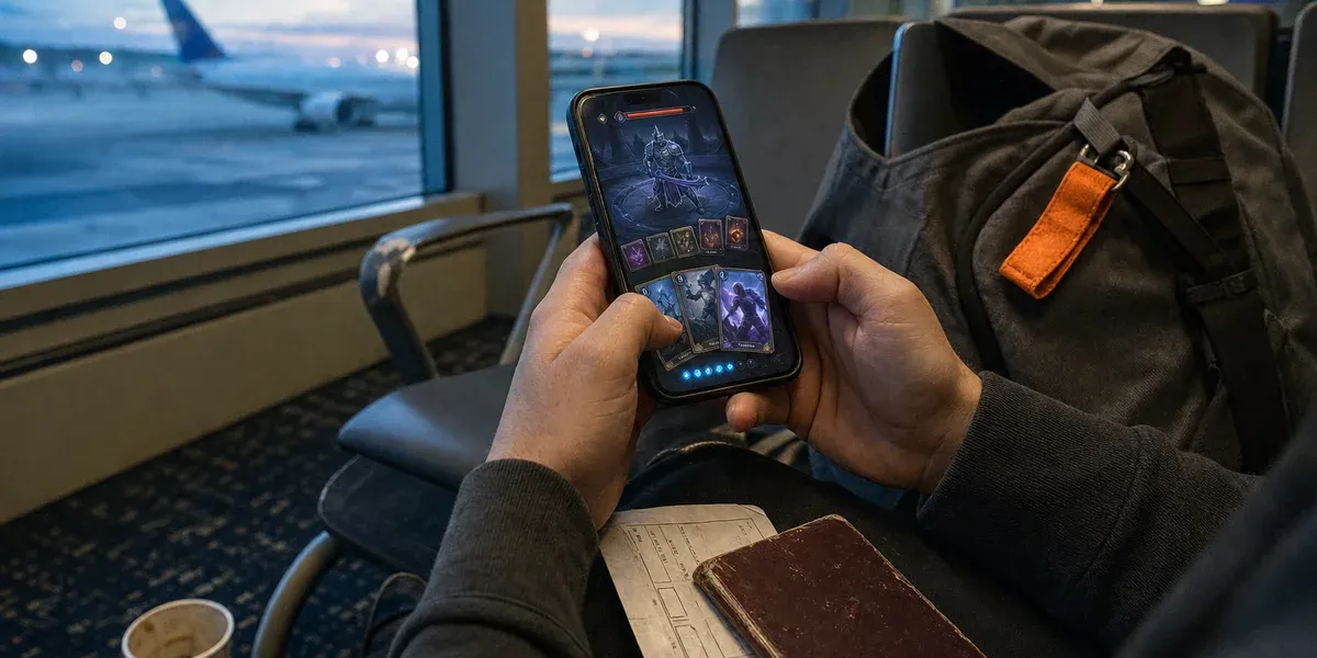 Onside iOS marketplace listing — card-battler game on an iPhone at an airport gate