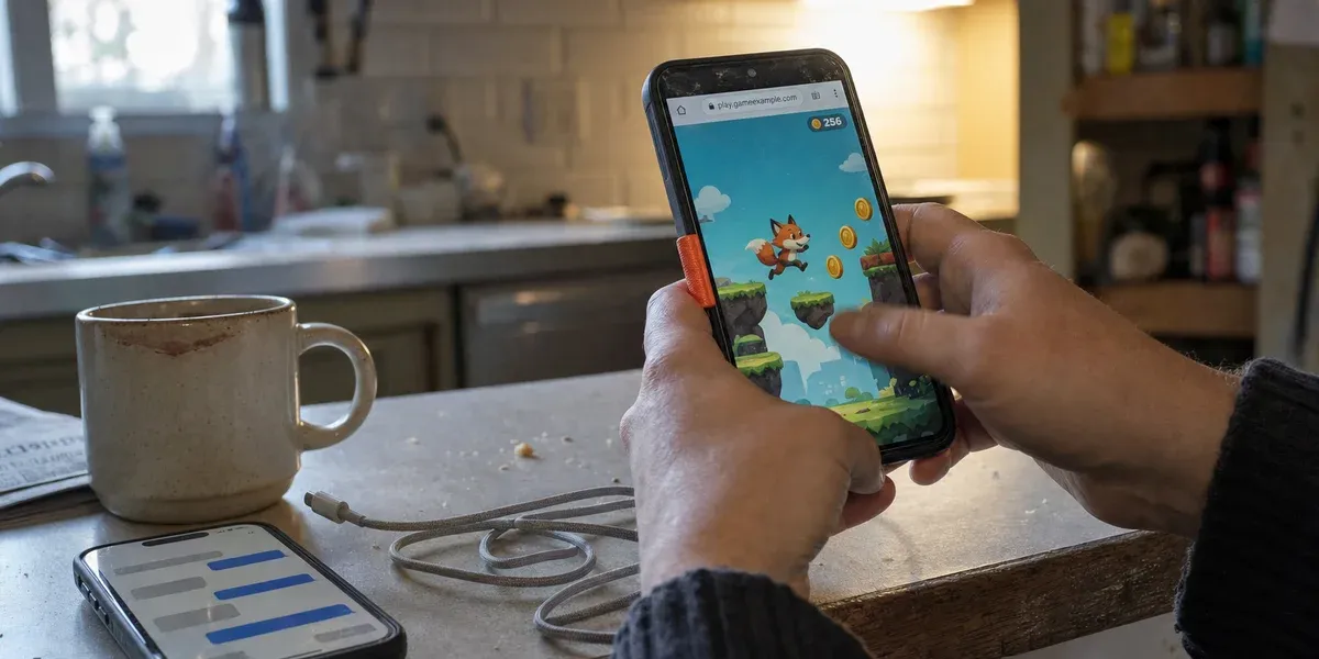 RCS messaging game distribution — phone running a browser game beside an SMS thread
